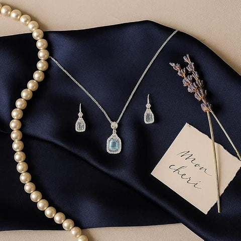 BRIA BY SAAR 925 Sterling Silver Turquoise Aquamarine Halo Necklace Set for Women | Elegant Crystal-Accented Pendant & Matching Earrings | Luxury Fine Jewellery Gift for Weddings & Festive Occasions