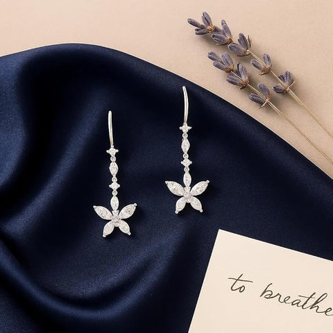 BRIA BY SAAR 925 Sterling Silver Floral Drop Earrings for Women | Brilliant Marquise-Cut CZ Stones in Botanical Cluster Design | Elegant Wedding, Bridal & Party Fine Jewellery | Hypoallergenic