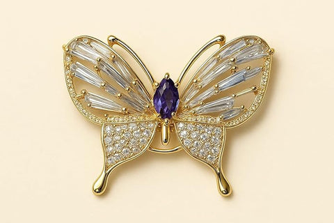 Bria By Saar Luxury Butterfly Brooch with Purple Gemstone Center & Sarwoski glass – Elegant Golden Finish Jewelry Pin for Women’s Party, Wedding, Festive & Formal Wear