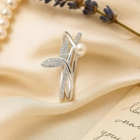 BRIA BY SAAR 925 Sterling Silver Pearl Ring for Women | Elegant Timeless Design with Sparkling Crystal Accents | Luxury Wedding, Party & Formal Fine Jewellery Gift