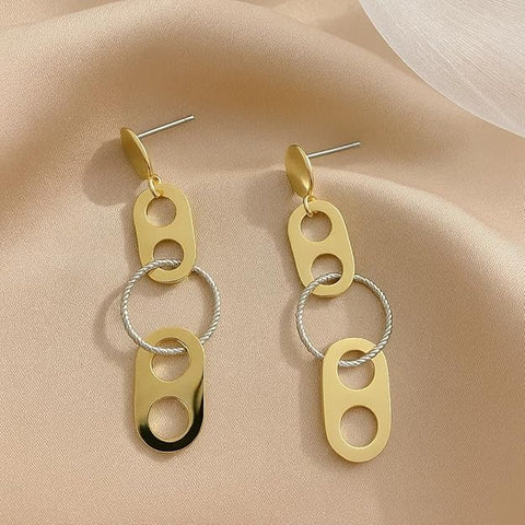 BRIA BY SAAR 925 Sterling Silver Gold-Plated Geometric Dangle Earrings for Women | Dual-Tone Oval and Textured Circle Long Drop Design | Modern Artistic Statement Party Jewellery | Hypoallergenic