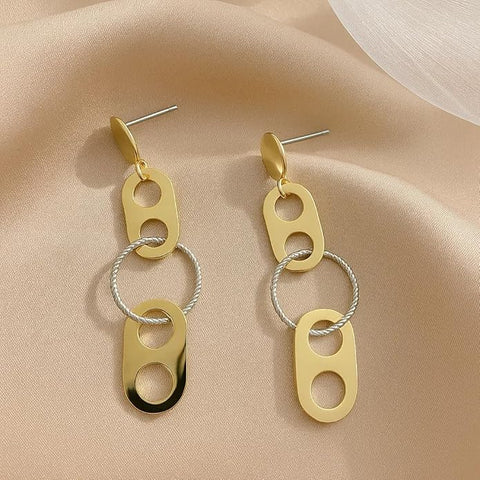 925 Sterling Silver Gold-Plated Geometric Dangle Earrings for Women | Dual-Tone Oval & Silver Textured Circle Long Drop Design | Modern Party & Jewelry