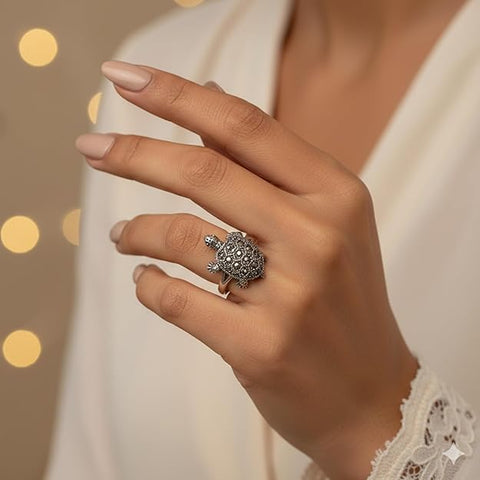 925 Sterling Silver Turtle Shape Ring for Women and Girls | Vintage Marcasite Animal Design Finger Ring | Symbol of Wisdom and Longevity | Hypoallergenic Fine Jewellery Gift