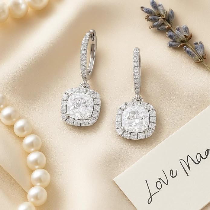 BRIA BY SAAR 925 Sterling Silver Cushion-Cut Drop Earrings for Women | Sparkling CZ Halo Dangle Design | High-Brilliance Luxury Wedding & Party Fine Jewellery | Hypoallergenic