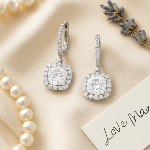 BRIA BY SAAR 925 Sterling Silver Cushion-Cut Drop Earrings for Women | Sparkling CZ Halo Dangle Design | High-Brilliance Luxury Wedding & Party Fine Jewellery | Hypoallergenic