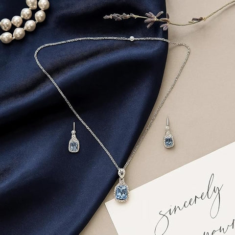 BRIA BY SAAR 925 Sterling Silver Turquoise Aquamarine Halo Necklace Set for Women | Elegant Crystal-Accented Pendant & Matching Earrings | Luxury Fine Jewellery Gift for Weddings & Festive Occasions