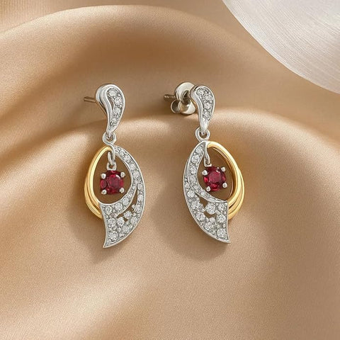 BRIA BY SAAR 925 Sterling Silver Dual-Tone Drop Earrings | Gold & Silver Geometric Finish with Red Crystal Floral Center | Elegant Festive & Party Jewellery