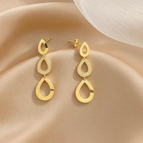 BRIA BY SAAR 925 Sterling Silver Gold-Plated Long Drop Earrings | Triple Teardrop Interlinked Dangle Design | Elegant Fine Jewellery for Parties & Weddings