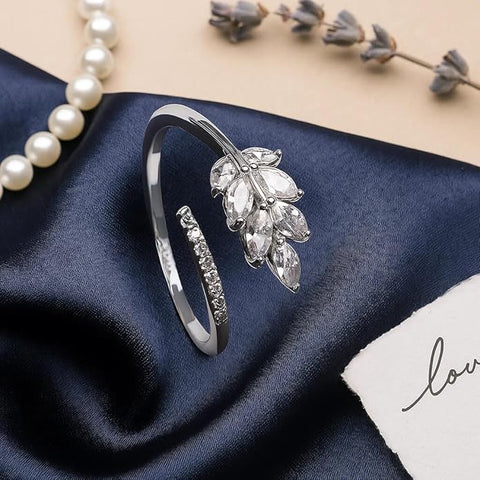 BRIA BY SAAR 925 Sterling Silver Adjustable Leaf Open Ring for Women and Girls | Nature-Inspired Sparkling CZ Foliage Design | Elegant Minimalist Fine Jewellery Gift | Hypoallergenic