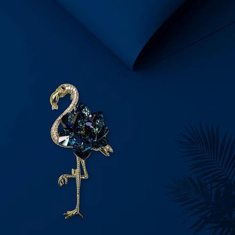 Flamingo Bird Brooch with Dark Blue Swarovski Glass Crystal Stones & Golden Finish – Elegant Design Pin for Women’s Party, Wedding, Festive & Formal Wear