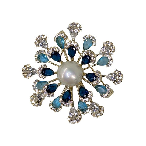 Luxury Pearl & Blue Crystal Flower Design Brooch with Sparkling Rhinestones – Elegant Party, Wedding, Festive & Formal Wear, Blazers, Ethnic & Western Outfits Pin for Women