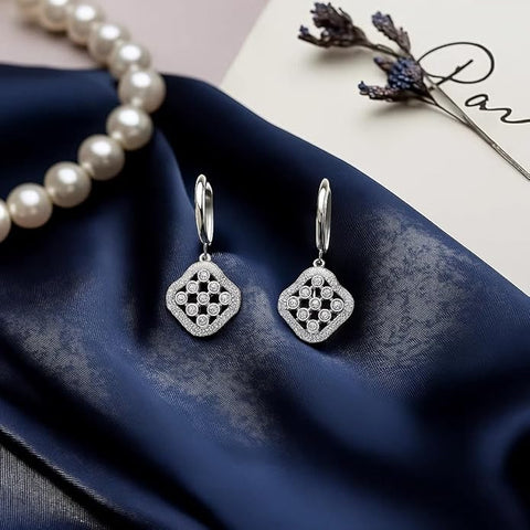 Bria By Saar 925 Sterling Silver Drop Earrings for Women | Elegant Geometric Diamond-Shaped Dangle with Sparkling CZ Stones | Timeless Everyday & Jewelry