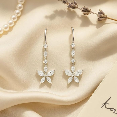 925 Sterling Silver Floral Drop Earrings for Women | Marquise-Cut CZ Stone Flower Design | Elegant Wedding & Party Jewelry