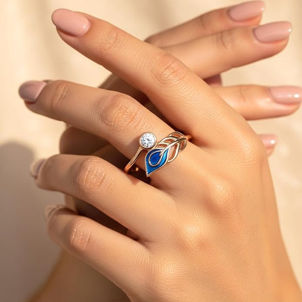 BRIA BY SAAR 925 Sterling Silver Peacock Feather Ring for Women | Elegant Artistic Design with Blue Enamel & Sparkling Accents | Unique Copper-Plated Statement Jewellery | Gift for Her