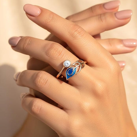 BRIA BY SAAR 925 Sterling Silver Peacock Feather Ring for Women | Elegant Artistic Design with Blue Enamel & Sparkling Accents | Unique Copper-Plated Statement Jewellery | Gift for Her