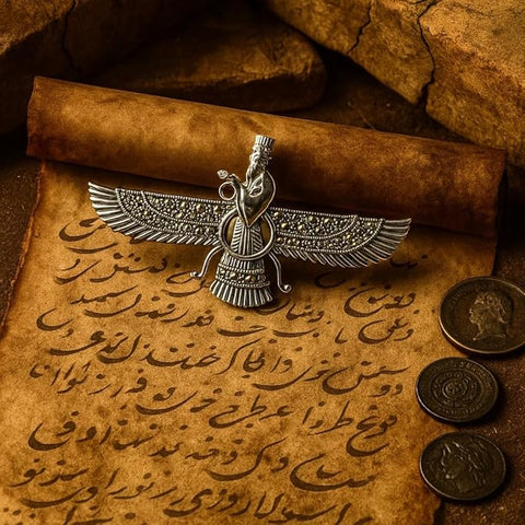 925 Sterling Silver Faravahar Brooch with Marcasite Stones | Antique Zoroastrian Style Pin for Men & Women | Vintage Spiritual & Cultural Jewellery