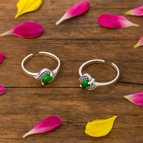 BRIA BY SAAR 925 Sterling Silver Finger Ring/Toe Ring with Green Marcasite Stone – Adjustable Silver Floral Design for Women (1 Pair)