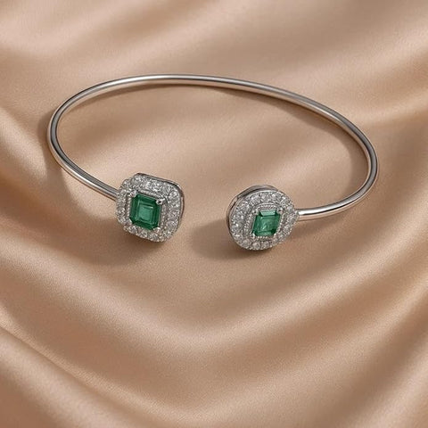 925 Silver Bracelet For Women & Girls | Elegant Open Cuff Design With Green Stone Accents | Stylish Pure Silver Wristwear Jewelry