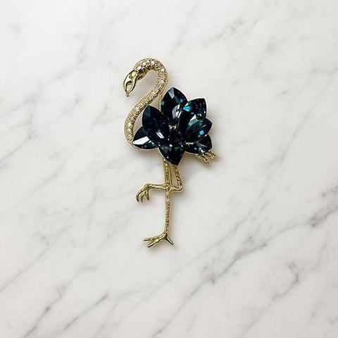 BRIA BY SAAR Flamingo Bird Swarovski Glass Brooch with Dark Blue Crystal Stones | Elegant Golden Finish Designer Pin for Women | Statement Jewellery for Saree, Blazer, and Gown | Wedding & Festive Gift