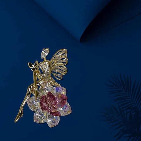 Luxury Swarovski Glass Fairy Brooch with Pink Crystal Flower & Golden Finish – Elegant Angel Wing Jewelry Pin for Women’s Party, Wedding, Festive & Formal Wear