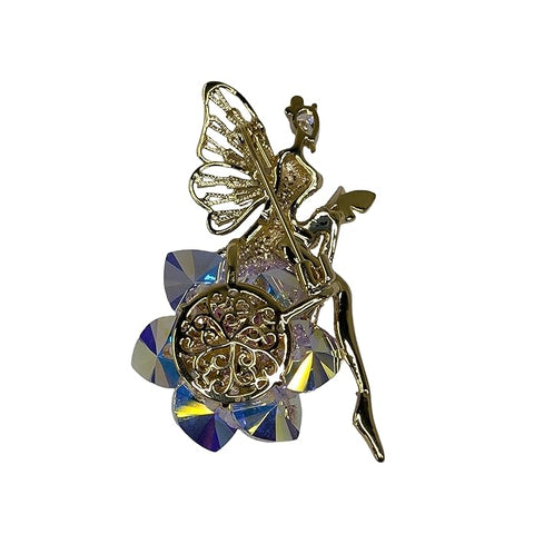 Luxury Swarovski Glass Fairy Brooch with Pink Crystal Flower & Golden Finish – Elegant Angel Wing Jewelry Pin for Women’s Party, Wedding, Festive & Formal Wear