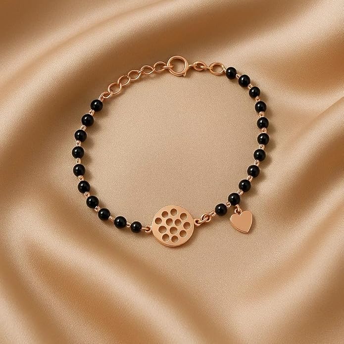 925 Sterling Silver Adjustable Black Bead Mangalsutra Design Bracelet with Elegant Heart & Geometric Charm | Stylish & Skin-Friendly Jewelry for Girls and Women | Perfect for Parties & Special Occasions