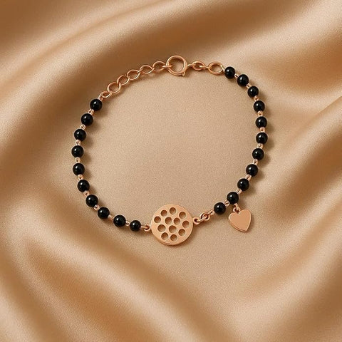 925 Sterling Silver Adjustable Black Bead Mangalsutra Design Bracelet with Elegant Heart & Geometric Charm | Stylish & Skin-Friendly Jewelry for Girls and Women | Perfect for Parties & Special Occasions