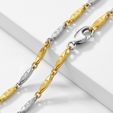 Bria By Saar Stainless Steel Golden & Silver Fancy Greek Key Chain For Men & Women | Premium Dual Tone Anti-Tarnish Necklace Chain | Stylish Fashion Jewellery