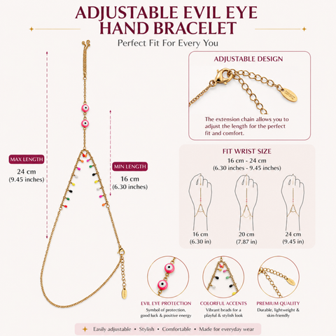 Bria By Saar 18K Gold Evil Eye Hathphool For Women & Girls | Gold-Plated Anti-Tarnish Fashion Jewellery | Elegant Daily Wear Hand Bracelet For Party, Casual & Gifting