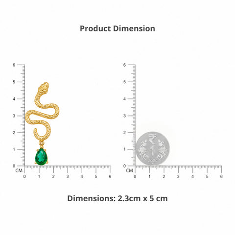 Anti-Tarnish Stainless Steel Textured Snake Drop Earrings | Gold Serpentine Dangle With Emerald Green Teardrop Crystal For Women | Water-Resistant Edgy Luxury Jewelry
