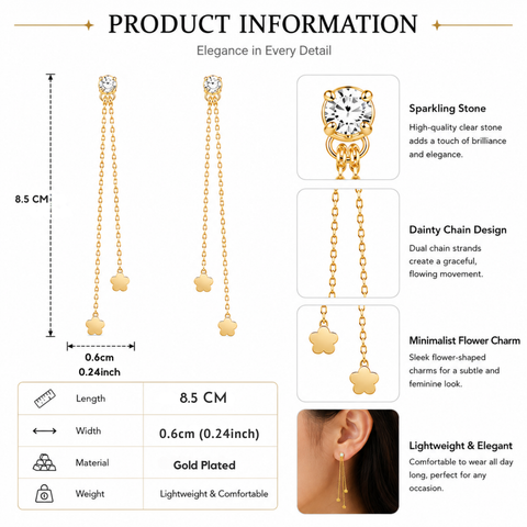 Bria By Saar 18K Gold Plated Crystal Tassel Earrings for Women & Girls | Korean Style Long Chain Floral Drop Earrings | Anti Tarnish Lightweight Party Wear Fashion Jewellery