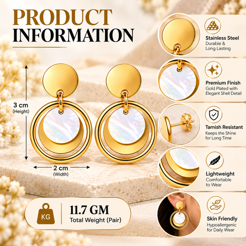 Gold Plated Circular Drop Earrings for Women with Resin and Shell Inlay