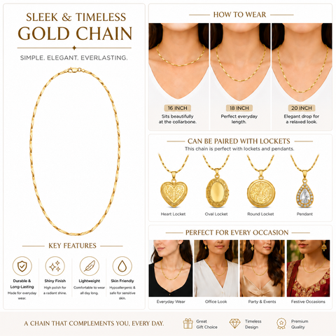 Bria By Saar Stainless Steel Golden Fancy Zig-Zag Link Chain For Men & Women | Premium Glossy Finish Anti-Tarnish Necklace | Stylish Fashion Jewellery For Daily Wear
