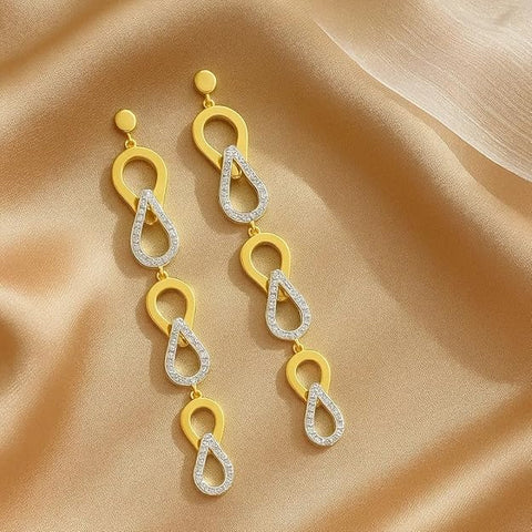 BRIA BY SAAR 925 Sterling Silver Long Dangle Earrings for Women | Dual-Tone Gold & Silver Interlinked Teardrop Design | Elegant Contemporary Statement Accessory for Parties & Weddings