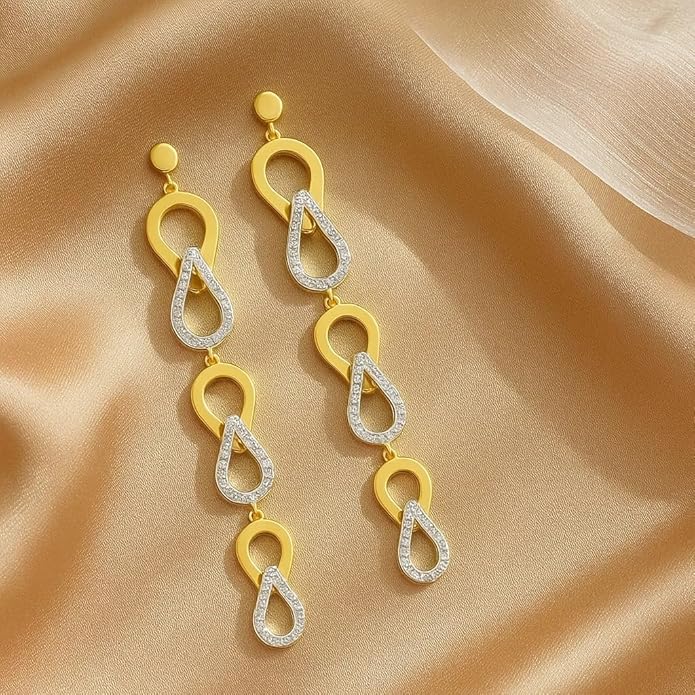 925 Sterling Silver Long Dangle Earrings for Women | Dual-Tone Gold & Silver Colour Interlinked Teardrop Design | Statement Party