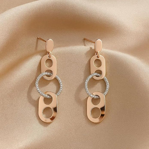 925 Sterling Silver Gold-Plated Geometric Dangle Earrings for Women | Dual-Tone Oval & Silver Textured Circle Long Drop Design | Modern Party & Festive Jewelry