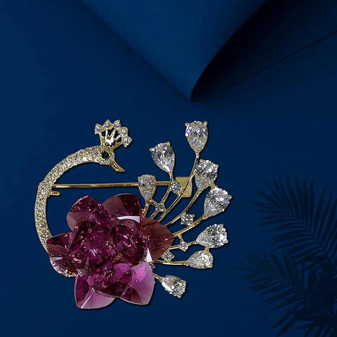 Sarwoski glass luxury Peacock Brooch with Pink Crystal Flower & Diamond-Style Stones – Elegant Golden Finish Jewelry Pin for Women’s Party, Wedding, Festive