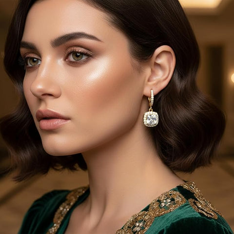 BRIA BY SAAR 925 Sterling Silver Gold-Plated Drop Earrings for Women | Brilliant Round CZ Halo Dangle with Pavé Hoop Design | Luxury Wedding, Bridal & Party Fine Jewellery | Hypoallergenic