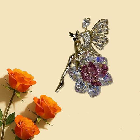 Luxury Swarovski Glass Fairy Brooch with Pink Crystal Flower & Golden Finish – Elegant Angel Wing Jewelry Pin for Women’s Party, Wedding, Festive & Formal Wear