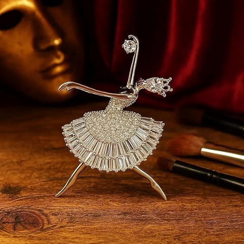 BRIA BY SAAR 925 Sterling Silver Ballerina Brooch for Women | Elegant Ballet Dancer Pin with Sparkling Crystal Stones | Luxury Accessory for Sarees, Gowns, and Blazers | Fine Jewellery Gift