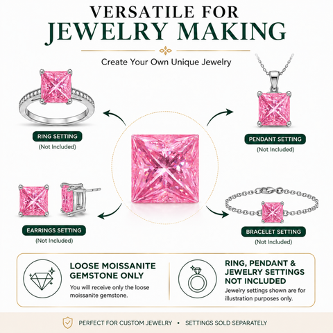 Luxury 1.62 Carat Pink Moissanite Loose Stone 6.5x6.5mm Princess Cut | GRA Certified VVS1 Clarity Pink Moissanite Gemstone | Brilliant Diamond Alternative for Rings, Pendants, Earrings & Custom Jewelry Men & Women (Stone Only)