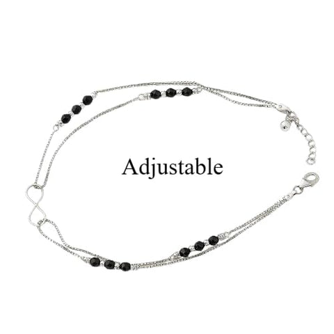 BRIA BY SAAR 925 Sterling Silver Dark Allure Black Beads Rhodium-Plated Anklet Pair | Elegant Adjustable Ankle Bracelet for Women & Girls | Hypoallergenic Daily Wear Jewellery (Pack of 2)
