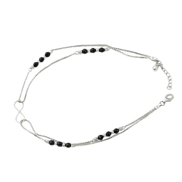 BRIA BY SAAR 925 Sterling Silver Dark Allure Black Beads Rhodium-Plated Anklet Pair | Elegant Adjustable Ankle Bracelet for Women & Girls | Hypoallergenic Daily Wear Jewellery (Pack of 2)