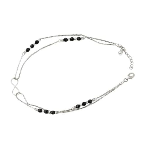 BRIA BY SAAR 925 Sterling Silver Dark Allure Black Beads Rhodium-Plated Anklet Pair | Elegant Adjustable Ankle Bracelet for Women & Girls | Hypoallergenic Daily Wear Jewellery (Pack of 2)