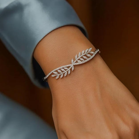 BRIA BY SAAR 925 Sterling Silver Leaf Vine Bangle for Women & Girls | Elegant Nature-Inspired Bracelet with Sparkling CZ Accents | Non-Tarnish Fine Jewellery Gift