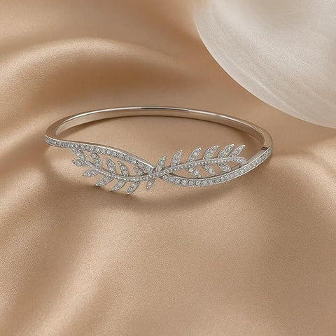 BRIA BY SAAR 925 Sterling Silver Leaf Vine Bangle for Women & Girls | Elegant Nature-Inspired Bracelet with Sparkling CZ Accents | Non-Tarnish Fine Jewellery Gift