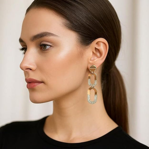 BRIA BY SAAR 925 Sterling Silver Dual-Tone Long Link Drop Earrings | Rose Gold & Silver Geometric Oval Dangle Design | Modern Lightweight Fine Jewellery