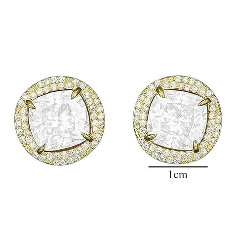 BRIA BY SAAR 925 Sterling Silver Gold-Plated Cushion-Cut Stud Earrings for Women | Sparkling Halo CZ Crystal Fine Jewellery | Luxury Geometric Studs for Weddings & Formal Events