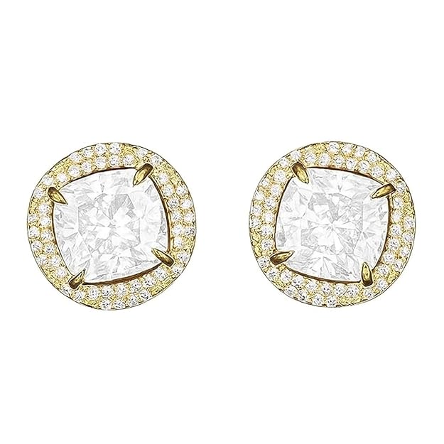 BRIA BY SAAR 925 Sterling Silver Gold-Plated Cushion-Cut Stud Earrings for Women | Sparkling Halo CZ Crystal Fine Jewellery | Luxury Geometric Studs for Weddings & Formal Events