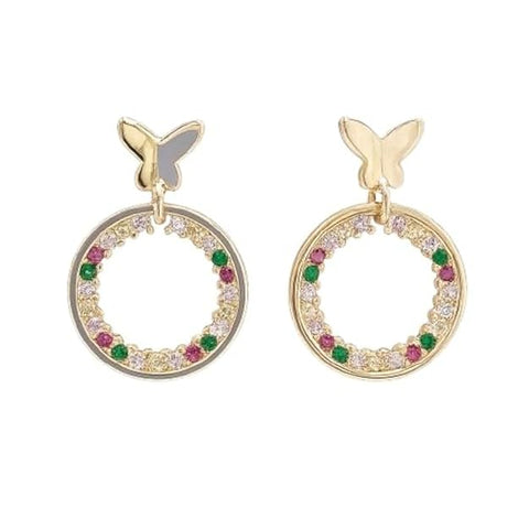 BRIA BY SAAR 925 Sterling Silver Butterfly Hoop Stud Earrings | Elegant Rose Copper Finish with Multicolor Pink, Green & White Stones | Stylish Modern Ethnic Jewellery for Women & Girls